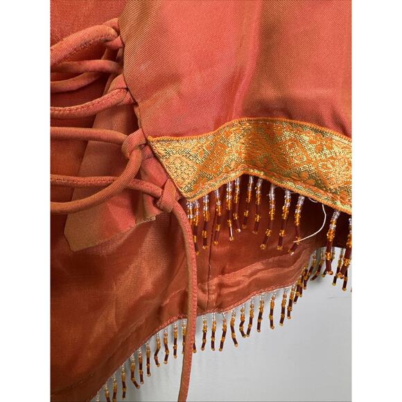 VTGY2K Niki Livas Corset Top 14 Spaghetti Strap Gold Trip Beaded Fringe Orange - Picture 3 of 9